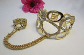 Gold Silver Wide Metal Hand Chain Cuff Bracelet Rain Drops Oval Multi Rhinestones